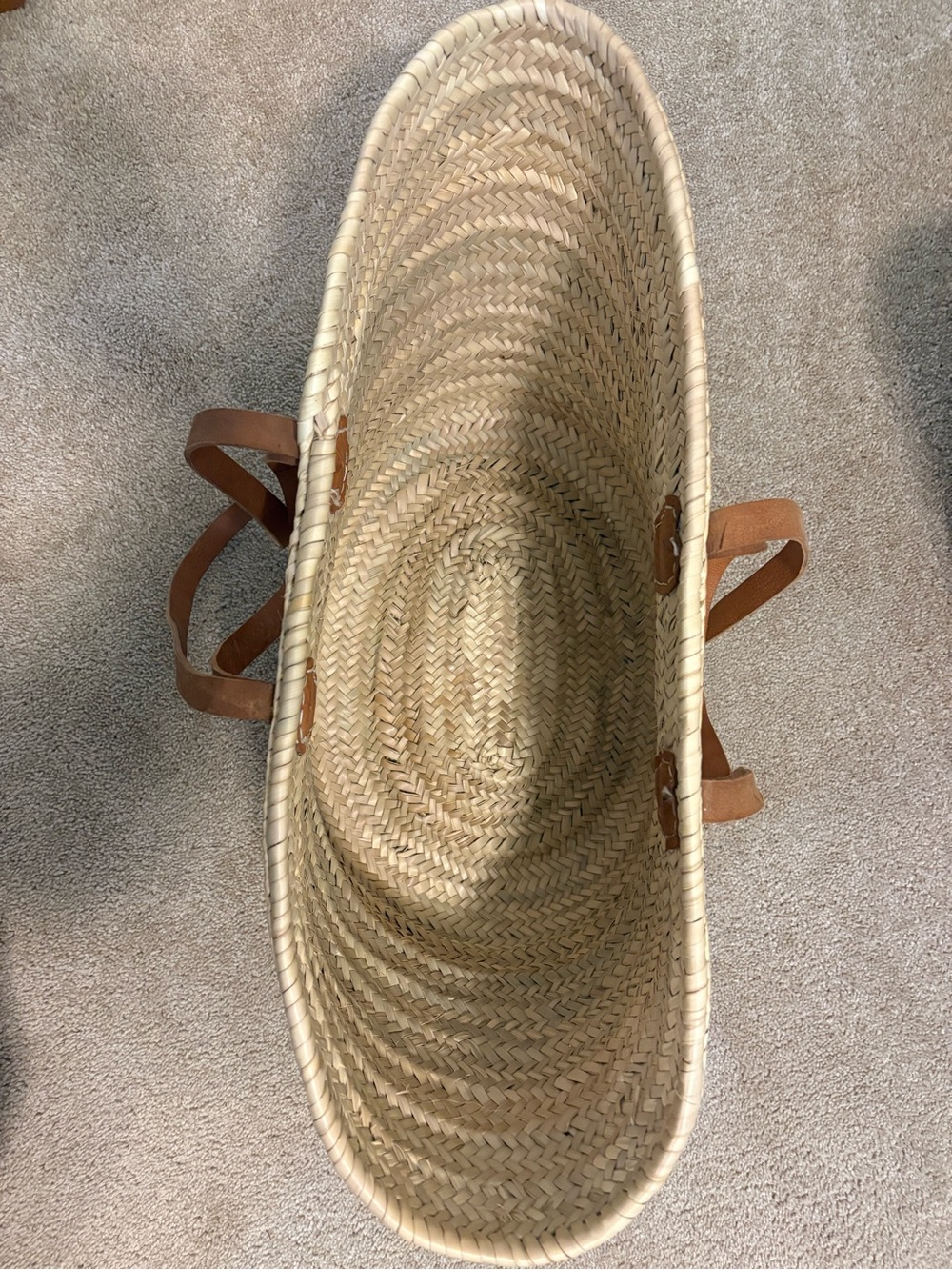 Woven Straw Tote Bag with Brown Leather Handles - Picture 3 of 4